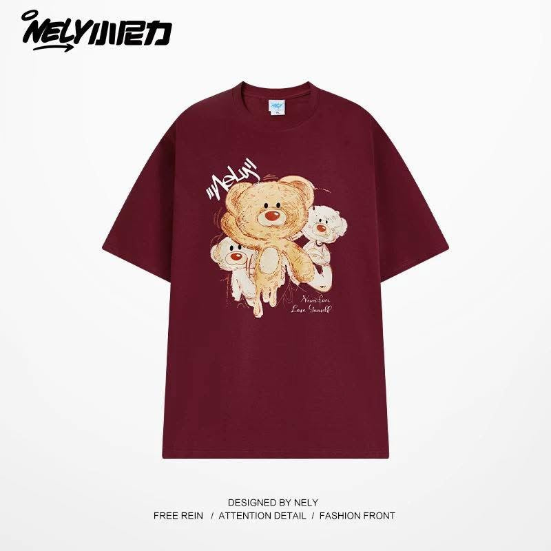 NELY Little Bear Letter Print 2026 Summer New Loose Short Sleeve T-Shirt Top, Fashionable for Men and Women