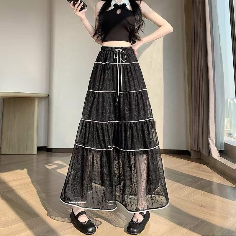 Apricot-colored tulle cake skirt, high-waisted A-line midi skirt, women's summer 2026 new style, mid-length fairy skirt, full skirt.