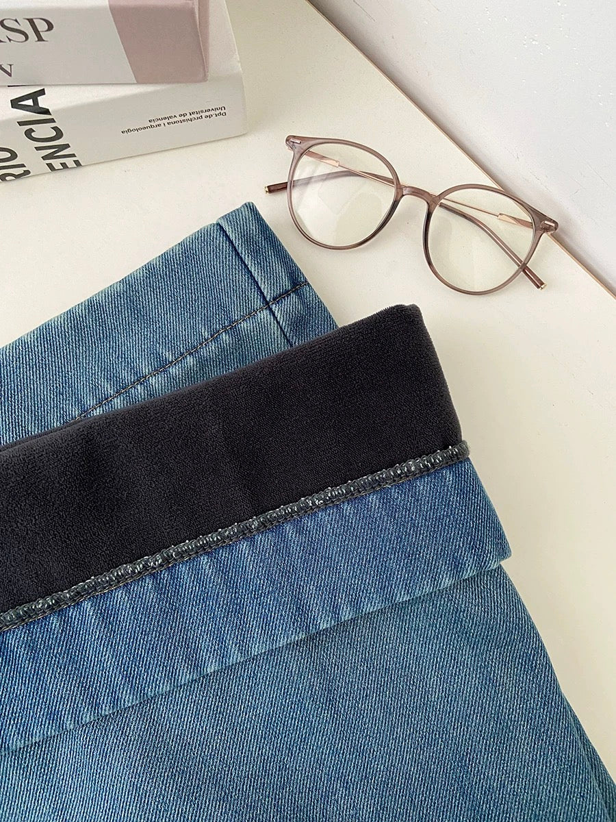 2025 Winter High-Waisted Wide-Leg Jeans for Women, Loose Fit, Slimming, Blue, Floor-Length, Stylish, Versatile, Fleece-Lined, Thickened