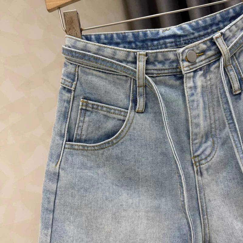 2025 summer new style stitching lace denim shorts women's loose fashionable wide-leg high waist A-line hot pants