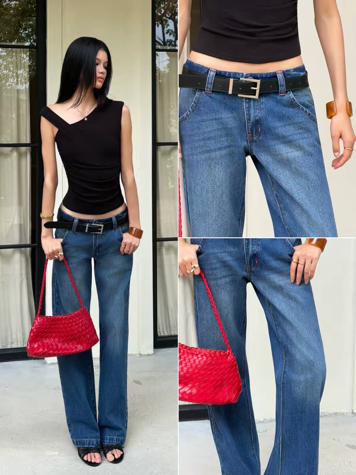 Audwyn Dark Blue Low-Rise Jeans (2026 New Arrival): American Vintage-Style Washed, Loose-Fit, Slimming Straight-Leg Casual Pants