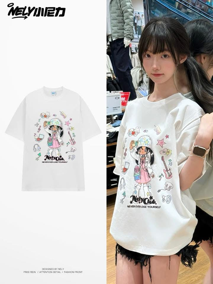 INS American retro white short-sleeved women's summer cartoon print round neck t-shirt loose Y2K subculture top trendy
