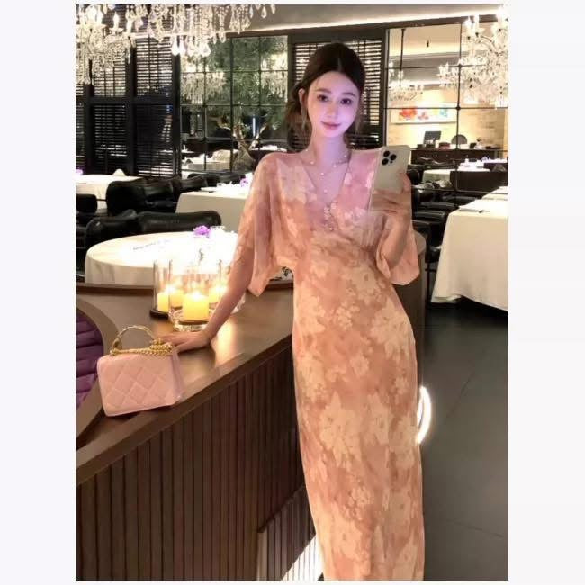 New pink floral chiffon dress for women, V-neck, long floral print.