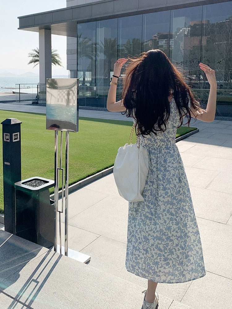 Zeng Xiaoxian Romantic Heroine Korean Style Blue Floral Long Dress Women's Early Spring High Waisted Slim Dress for Small People