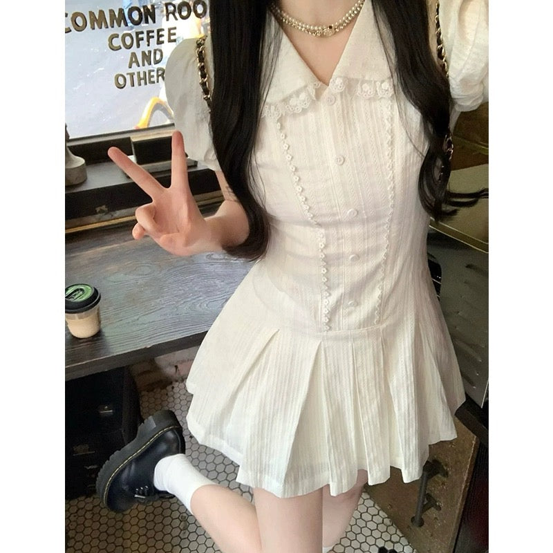 College style white short-sleeved shirt dress for women summer sweet first love A-line skirt waist slimming pleated skirt