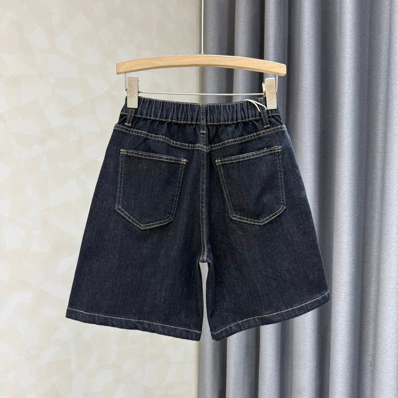 2025 summer new high waist slim a-line wide leg jeans for women dark blue elastic versatile five-point pants