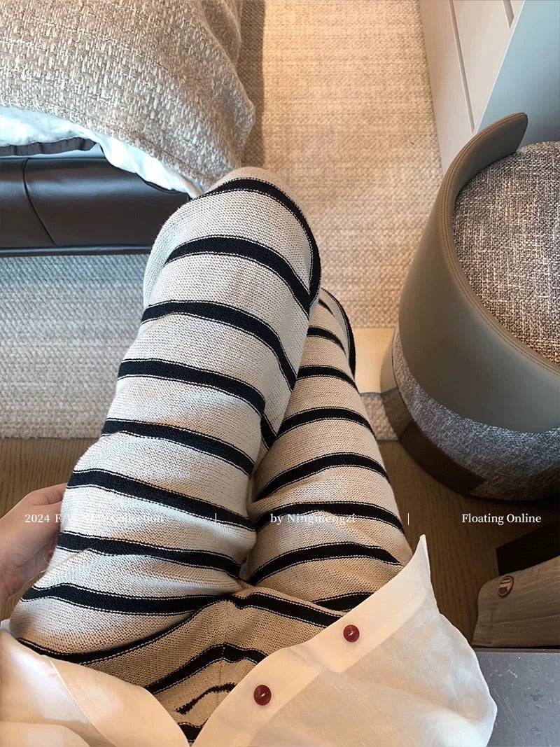 Lazy style black and white striped knitted wide-leg pants for women 2024 autumn new high-waisted slimming loose casual straight pants