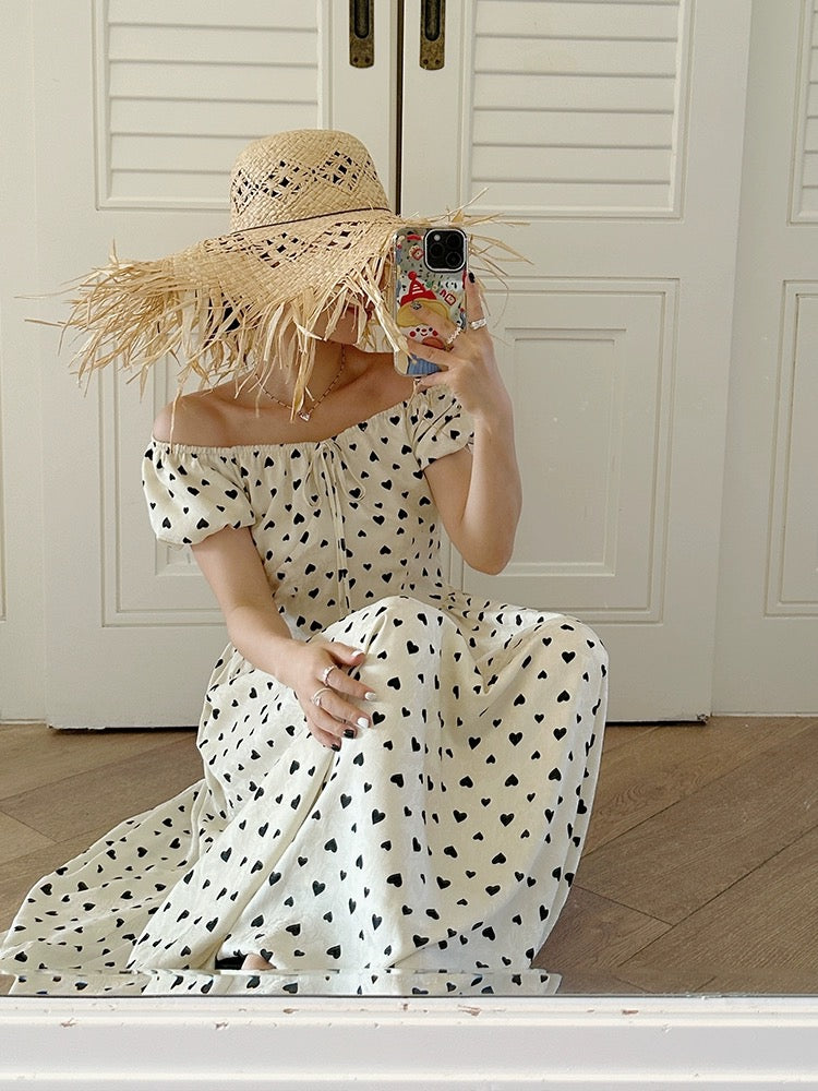 Jin Suyi Love Print Short Sleeve Dress Women's 2024 Summer Korean Style Waist Slimming One Shoulder Long Skirt