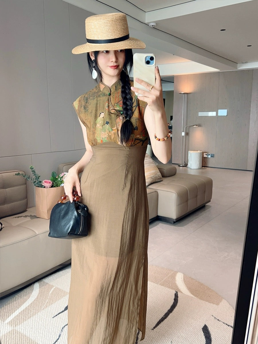 2024 summer new style new Chinese style cheongsam retro print stitching side slit waist slimming long skirt