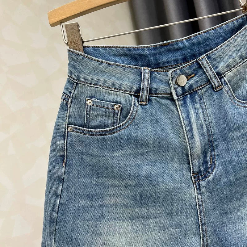 Retro beaded fashion high waist slim denim shorts for women 2025 summer new lace stitching wide leg shorts