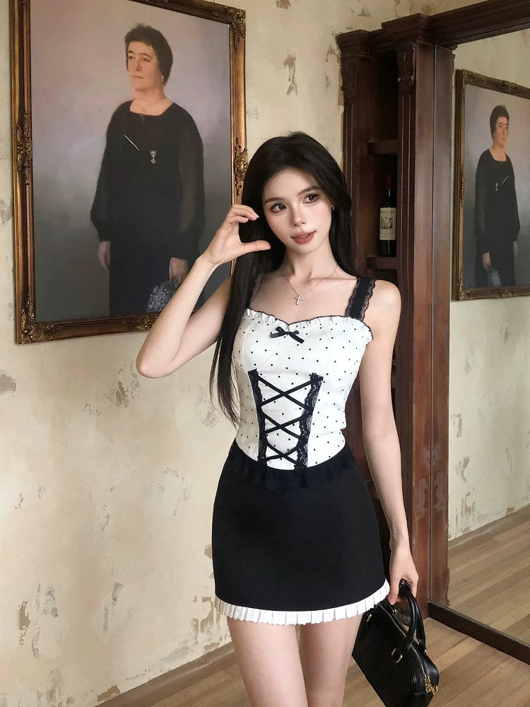 Drawing explanation WAHJU Date Day Temperament New Design Slim Fit Lace Splicing Polka Dot Top Women Summer