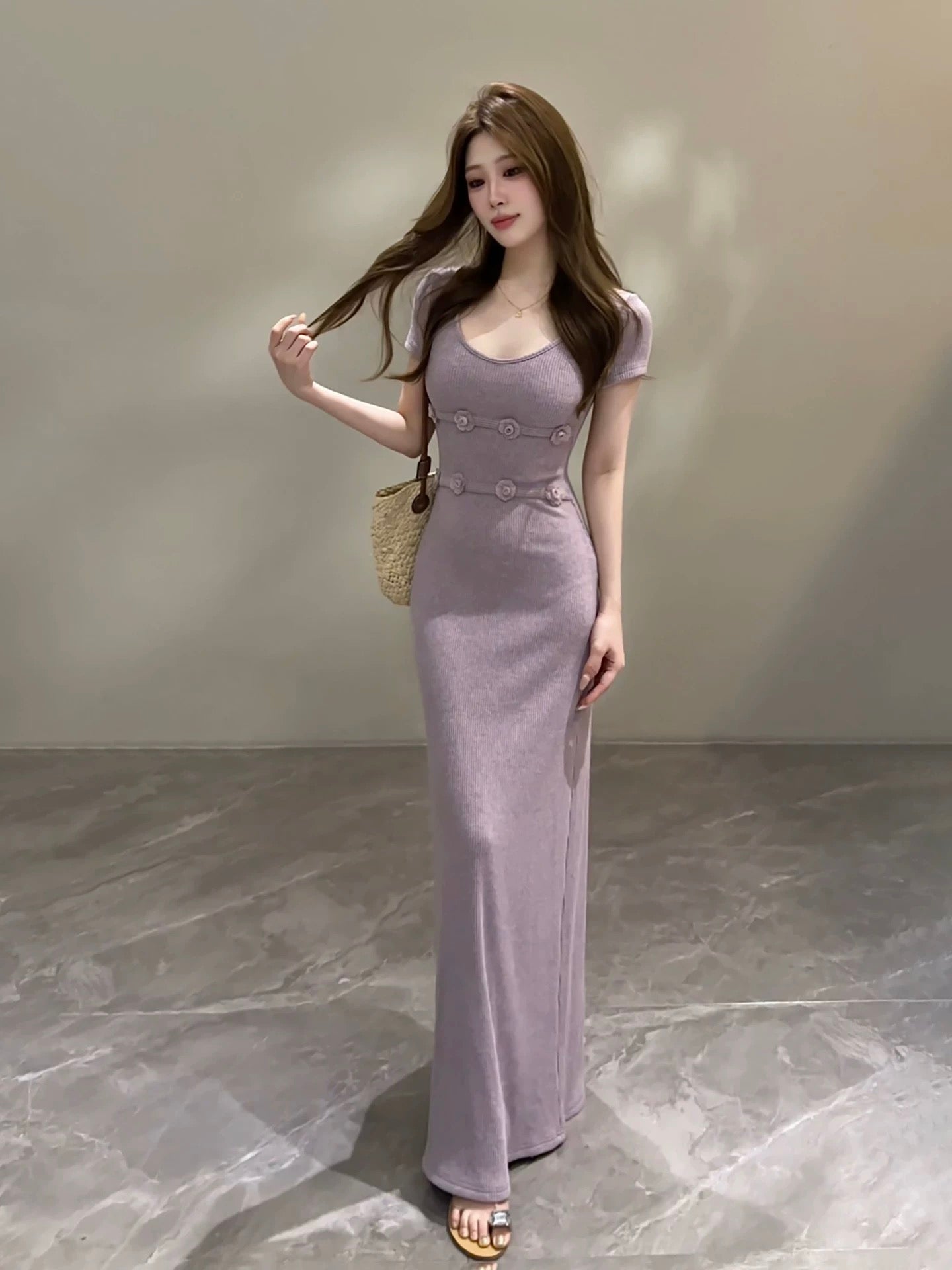 Yuyan's Summer New French Style Slim Fit Solid Color Short Sleeve Elegant Dress DT2035