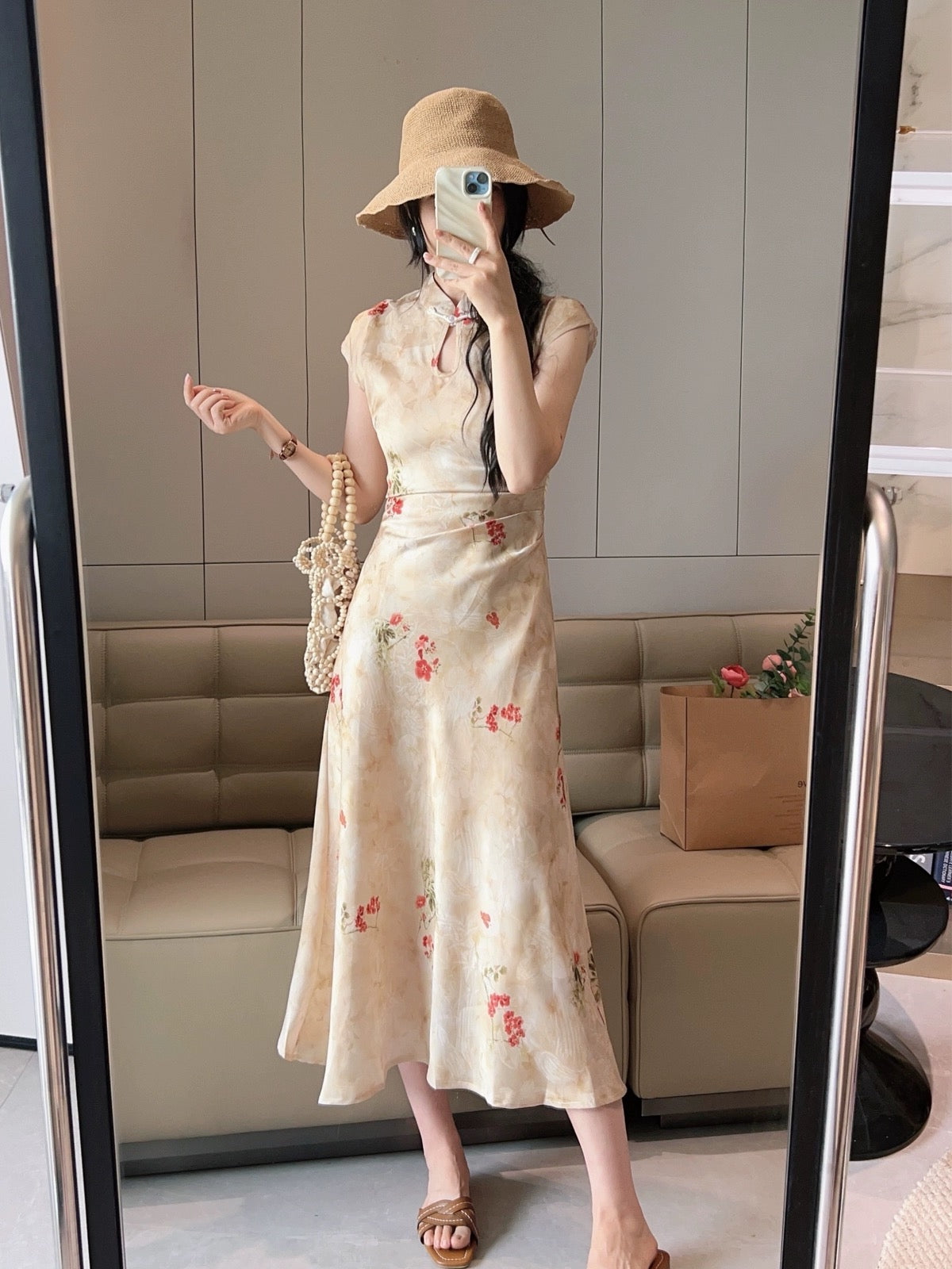 New Chinese style Chinese style floral disc button dress women's waist pleated summer improved cheongsam long skirt A-line hip skirt