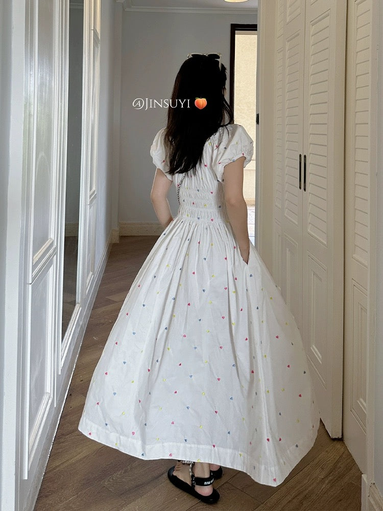 Jin Suyi Colorful Embroidered Waist Dress Women's 2024 Summer Slim Short Sleeve Puff Princess Dress Chic Skirt