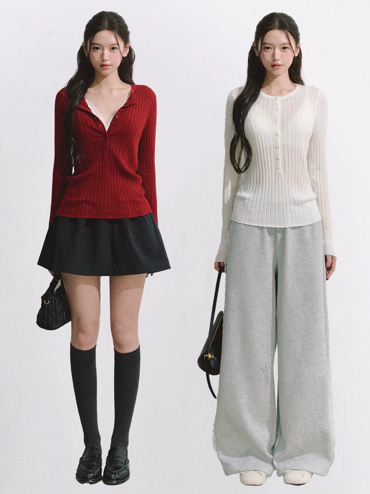 OIOI ESSE|Autumn/Winter Henley Collar Button-Down Ribbed Knit Sweater for Women: Comfortable, Slimming, and Versatile Base Layer