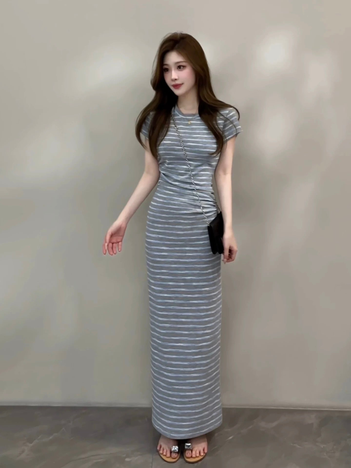 Yu-Yan Summer New Style Pleated Waist Striped Long Dress Round Neck Short Sleeve Casual Fashion Dress DT2057
