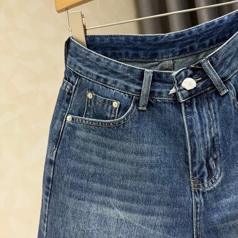 Dark blue high waist slim a-line denim shorts for women 2025 summer new all-match elastic wide-leg five-point pants
