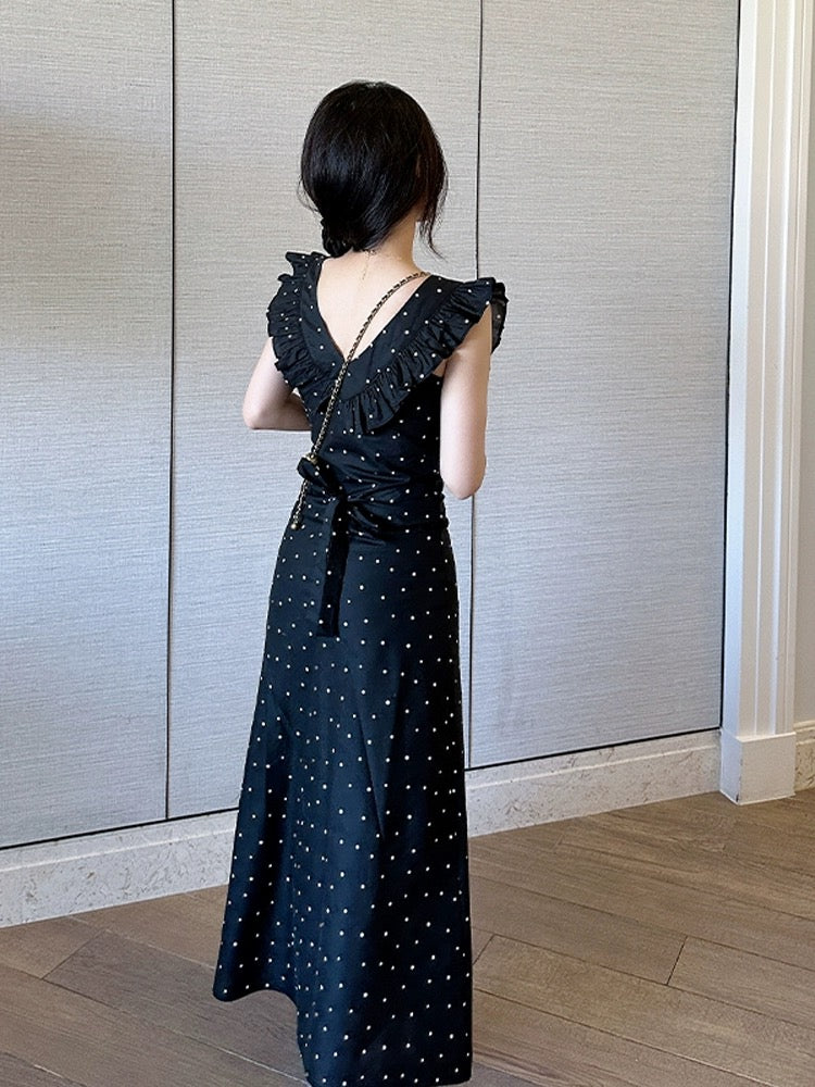 Jin Suyi polka dot waist dress for women 2024 summer Korean style waist slimming doll collar temperament long dress trend