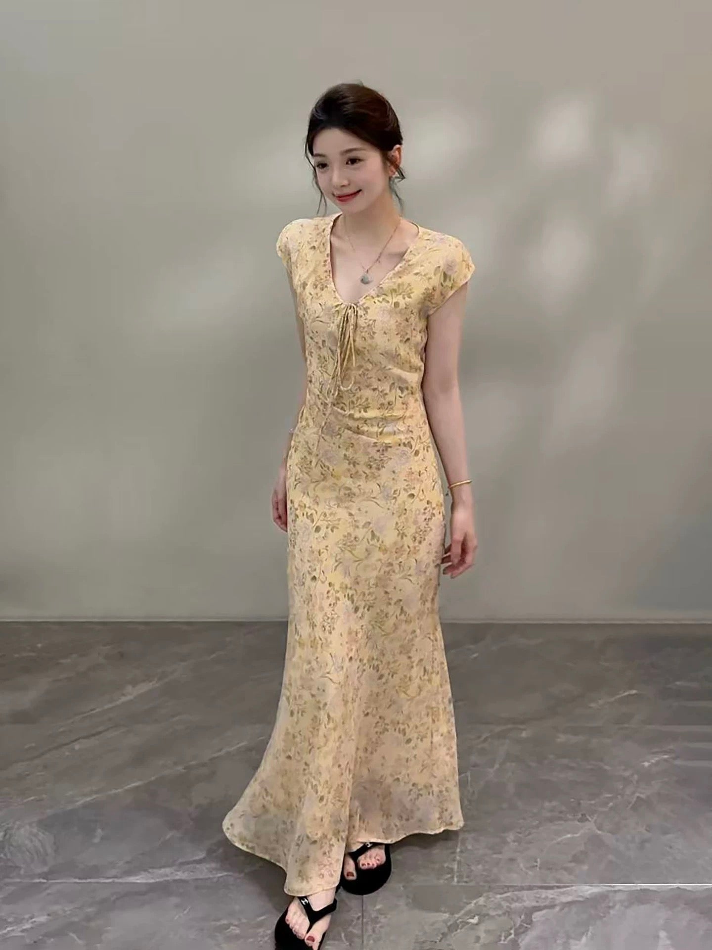 Songsong New French Style Slim Fit Floral Long Dress DT2038