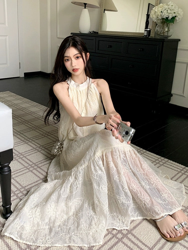 Fairy white lace off-shoulder beach long dress seaside vacation suspen Lee Nhi Boutique Fairy white lace off-shoulder beach long dress seaside vacation suspen Lee Nhi Boutique