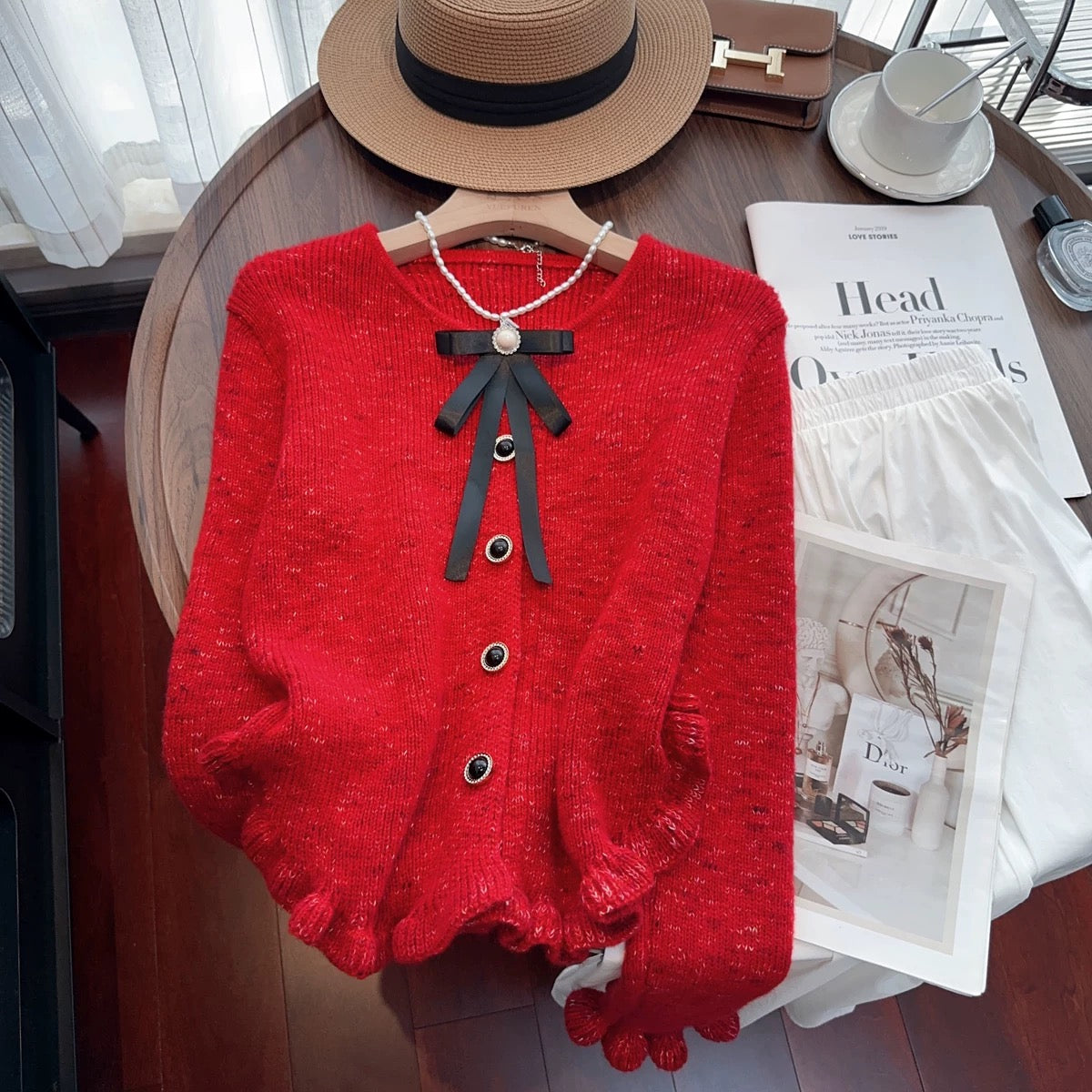 Recommended by Nancy Cici for her own use~Small fragrant bow with fungus edge knitted cardigan sweater jacket for women in autumn
