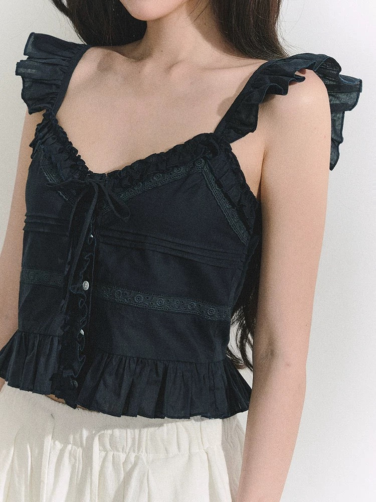 OIOI ESSE French-style ruffled tie-front vest for women, summer French-style off-shoulder top.