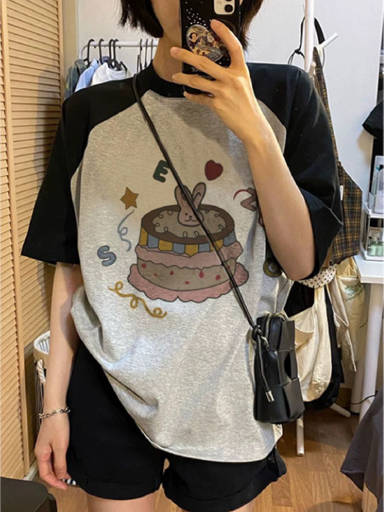 Design niche raglan short-sleeved right shoulder T-shirt for women 2024 summer pure cotton versatile small Korean style ins top