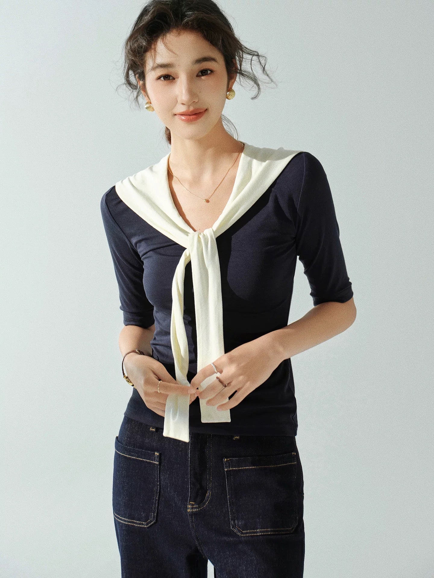 Sleepy Rabbit Lyocell contrast color shawl fake two-piece T-shirt women's autumn elastic slim fit layered T-shirt top