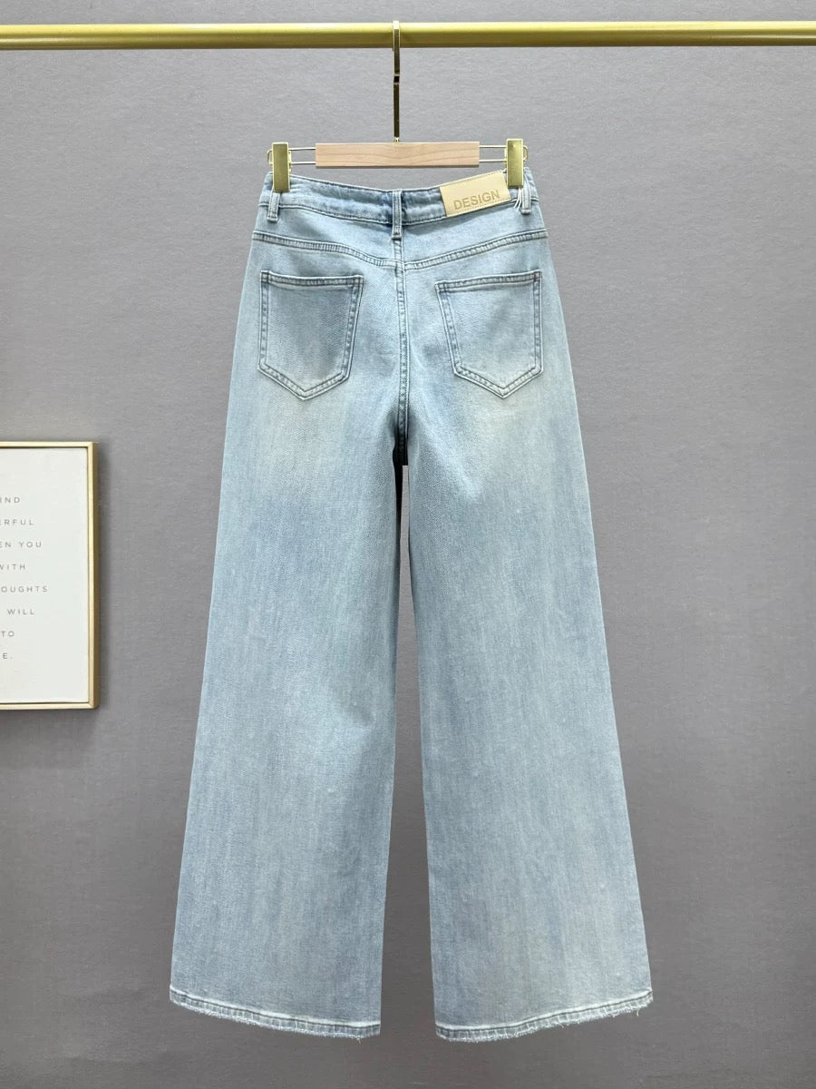 High waist denim wide leg pants for women thin 2025 spring and summer new loose slim ins European goods hot diamond plus length pants