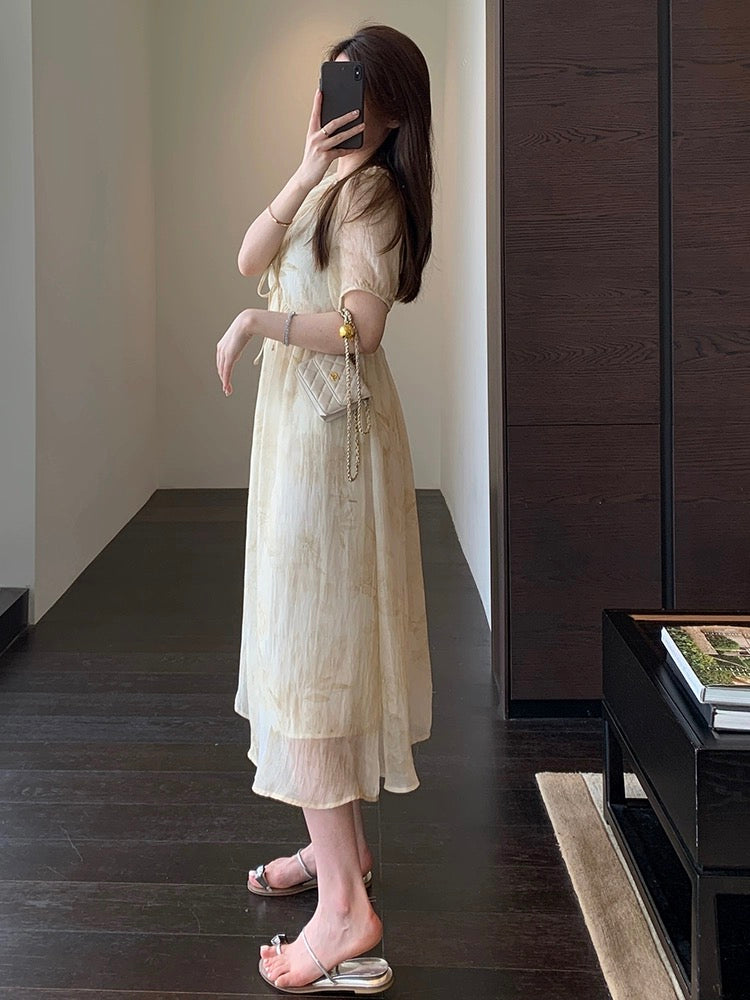 AMR UU◆High-end elegant light national style ink print long skirt waist slimming women's dress spring and summer new style