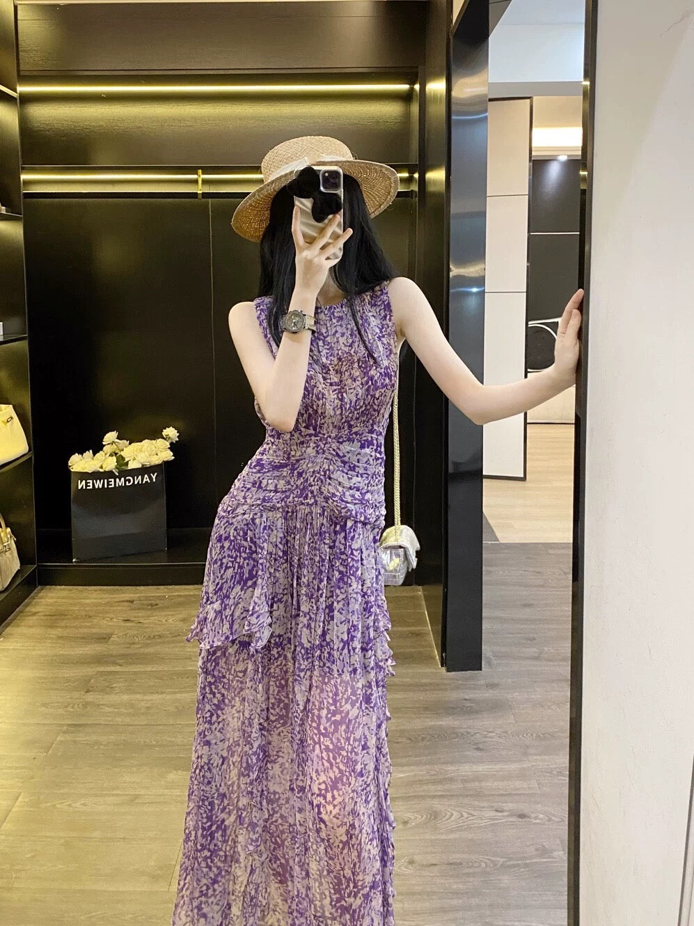 Leathercat's super cute 2024 new summer French style slimming floral sleeveless long dress