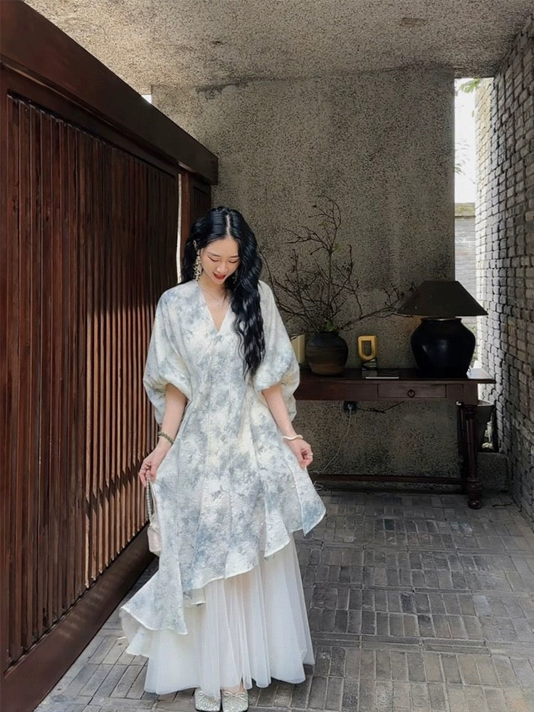 Sanji Heihua new Chinese style dress for women spring 2024 new style this year's popular high-end exquisite mesh skirt