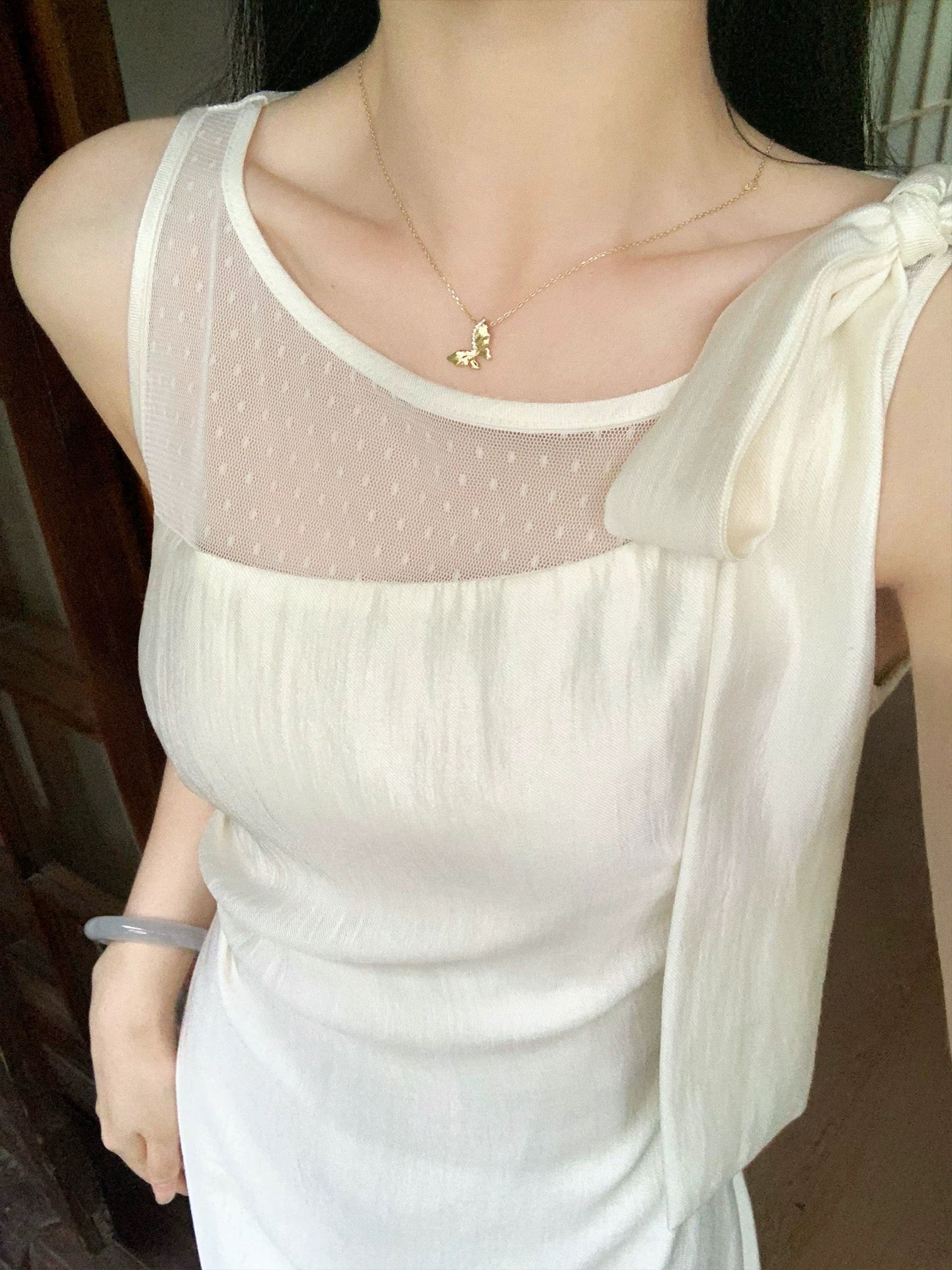 Ling Qian Zihe Yu Sheng Yan Satin Bow Dress Women's Spring/Summer French Patchwork Polka Dot Mesh Long Skirt