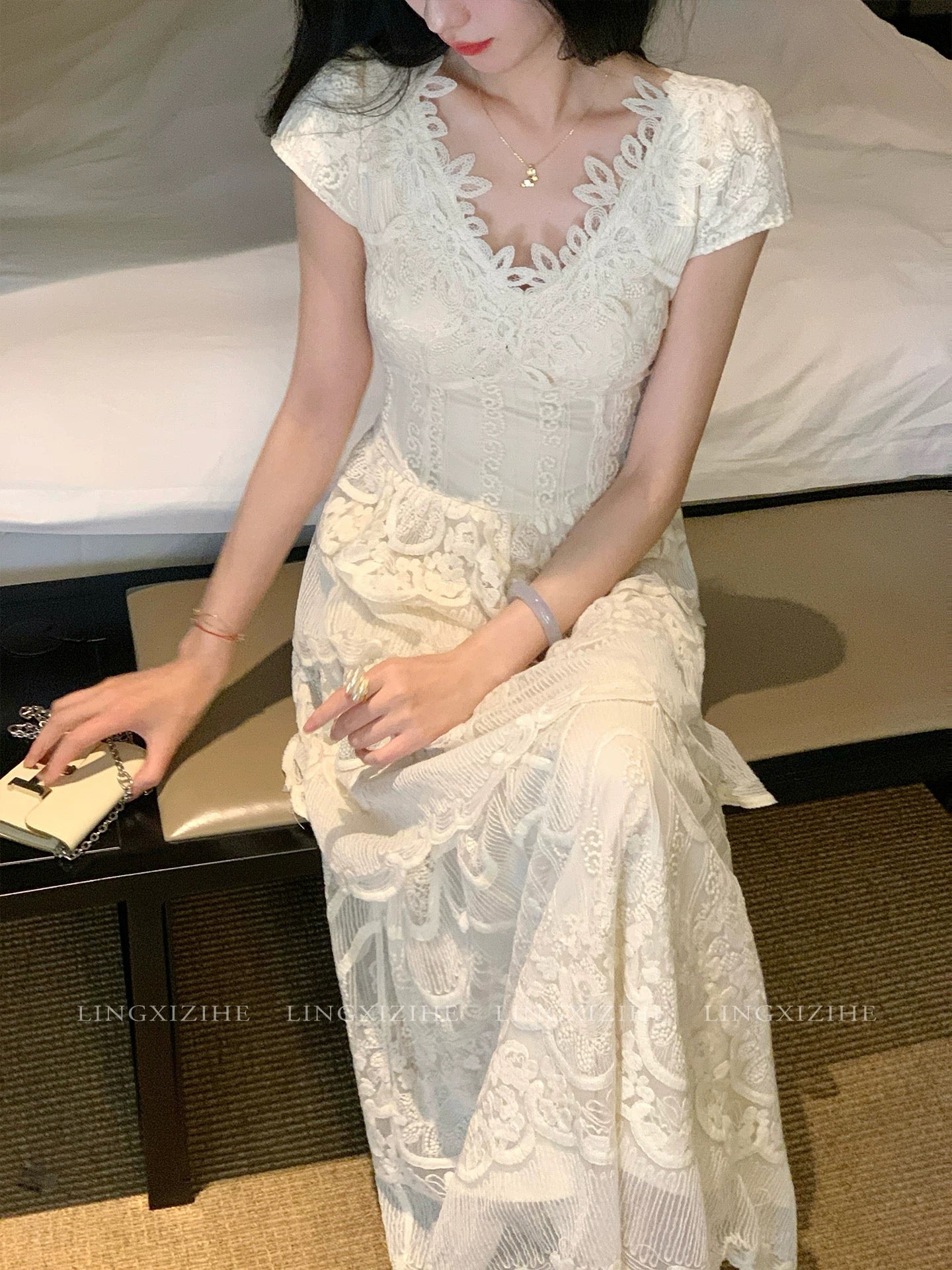 Ling Qian Zihe Moon Silk Dream '70% Cotton Lace Waist-cinching Dress Women' Spring/Summer French Style Cake Long Dress