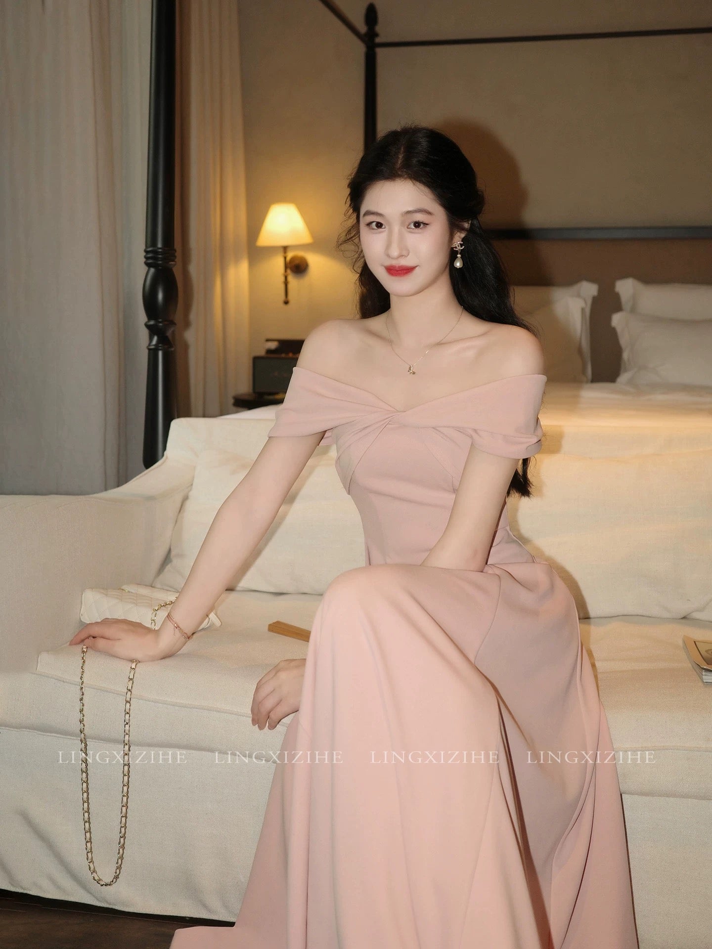 Ling Qian Zihe Rouge Huali Pink Off-Shoulder Dress Women's Spring/Summer High-End French Style Full Skirt
