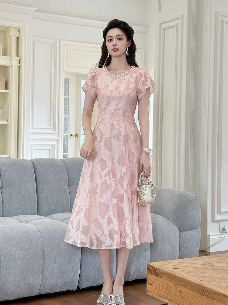 Summer dresses are very beautiful. Women's beaded round neck fashion print light luxury lady high-end waist slimming dress
