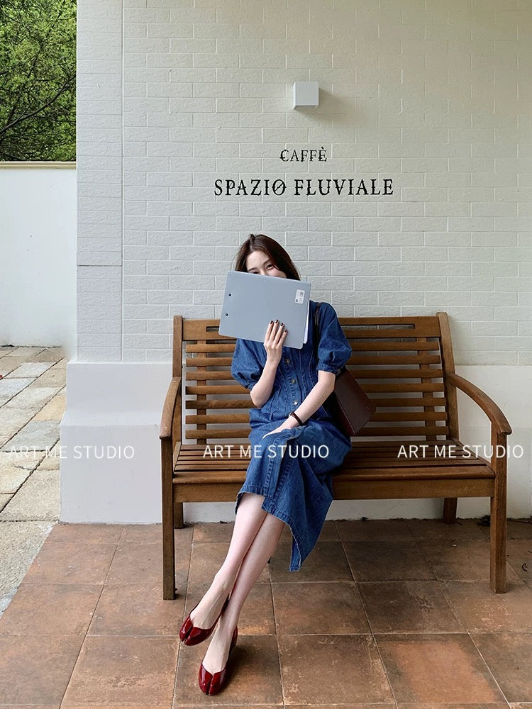 ARTME Guagua Denim Herringbone Waist-cinching Dress for Women, Summer Commuter Style, Puff Sleeve, Lapel, Mid-length Skirt