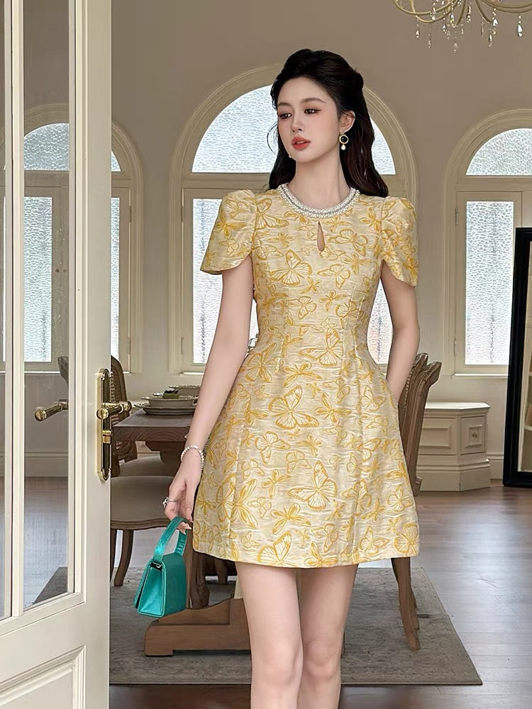 French style jacquard dress for women 2025 summer retro temperament slim round neck short sleeve waist A-line skirt