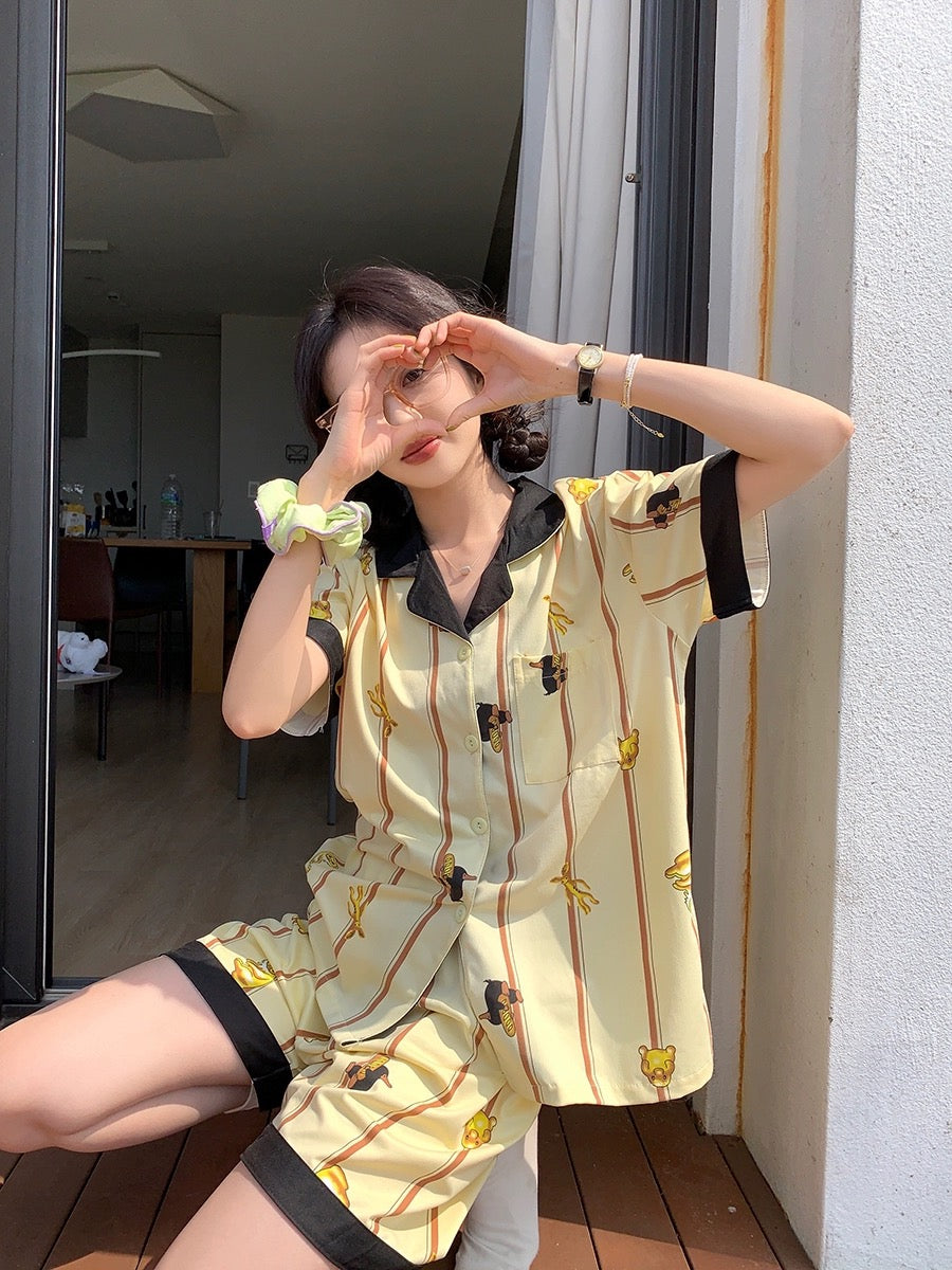 Xinbangbang Homedress contrasting color cartoon animal striped pajamas for girls summer students can wear outside home clothes set