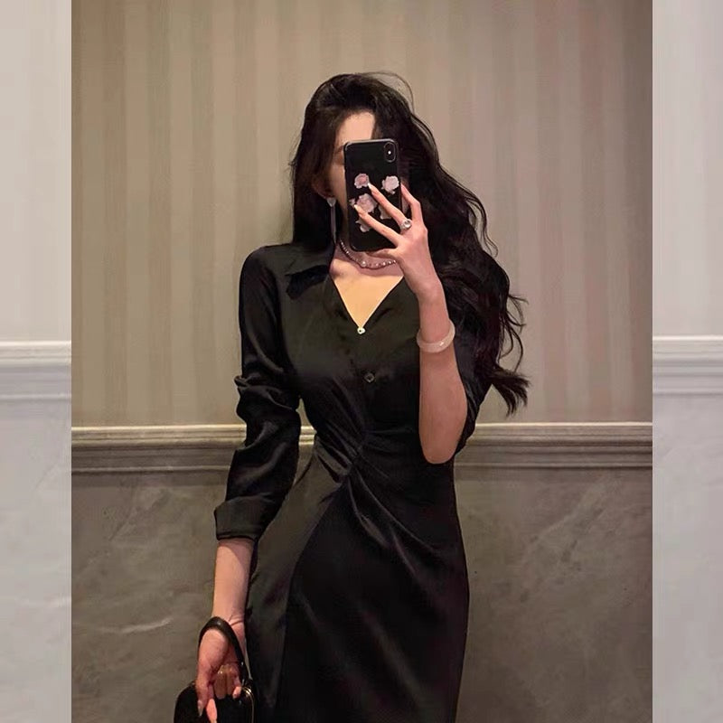 Godfrey black V-neck shirt dress for women autumn French niche pleated temperament waisted fishtail long skirt