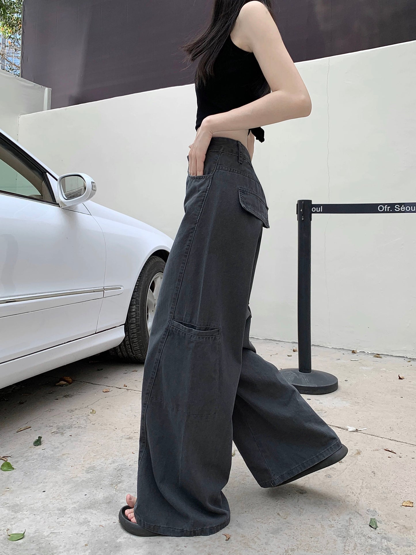 American retro new washed jeans women summer hot girl high waist loose gray straight pants overalls trousers