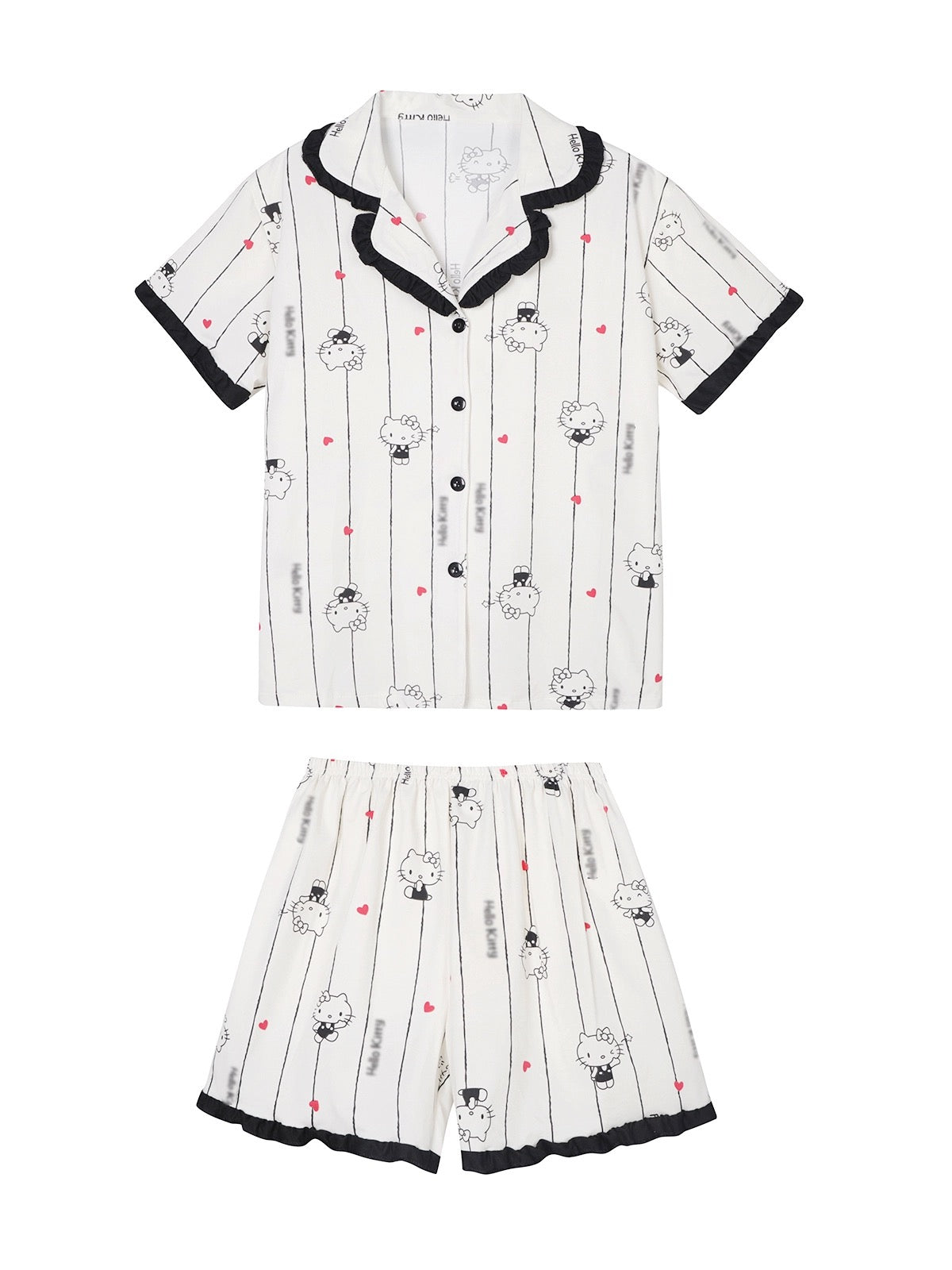 Xinbangbang Homedress contrasting color vertical stripe cartoon cat pajamas for women summer thin breathable short-sleeved home clothes