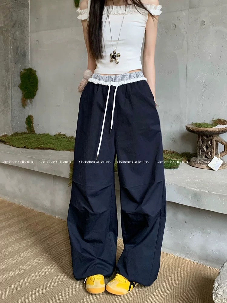 Kumikumi lazy style splicing lace edge drawstring casual pants for women in summer elastic waist loose versatile wide-leg pants