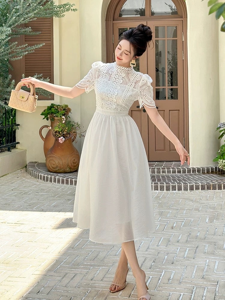 Summer elegant goddess style temperament high-end upper class white lace dress with long skirt