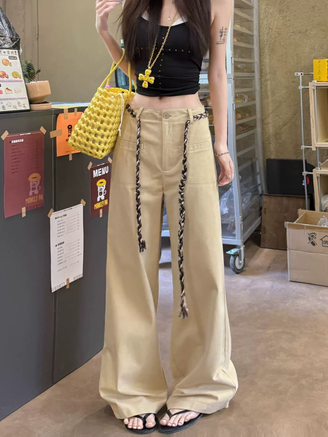 Kumikumi retro lazy style new low waist khaki casual pants women's spring high waist straight mopping pants