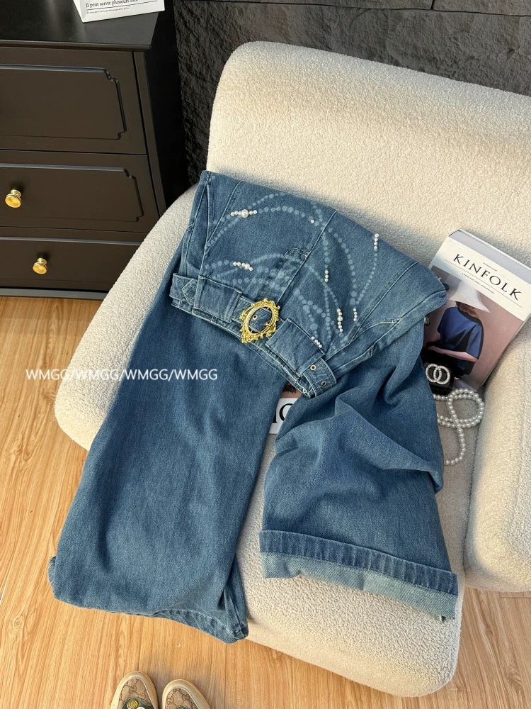 Jeans women's summer thin 2025 new retro pearl niche design high waist drape straight floor-length wide-leg pants
