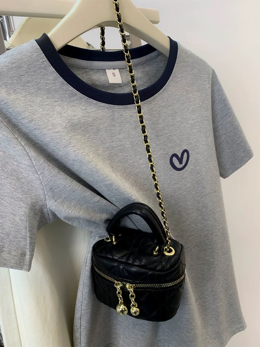 Gray love short-sleeved T-shirt for women in summer short style small size pure cotton half-sleeved straight shoulder top design niche