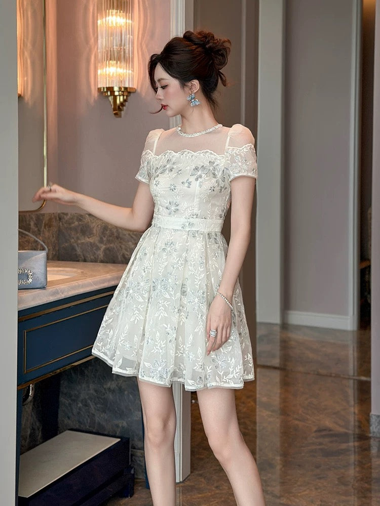 French style velvet sequin embroidered dress for women summer light luxury high-end mesh patchwork waist A-line skirt