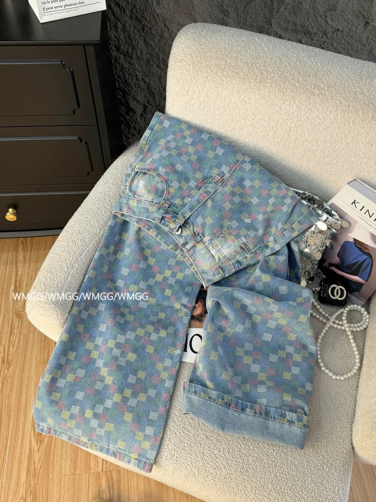 Colorful checkerboard jeans for women summer thin 2025 new style niche no collision style wear high waist straight wide leg pants