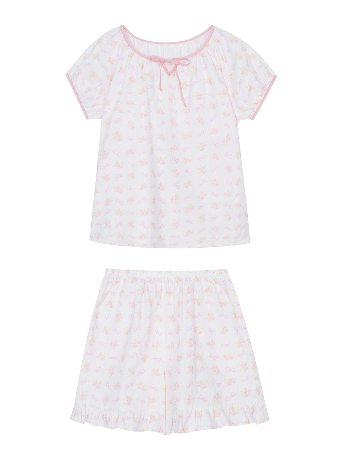 Xinbangbang Homedress Sweet Pink Bow Floral Short Sleeve Pajamas Breathable Home Clothes Set Women Summer
